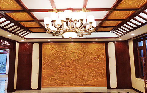 房山中式别墅客厅中式木作横梁吊顶装饰展示